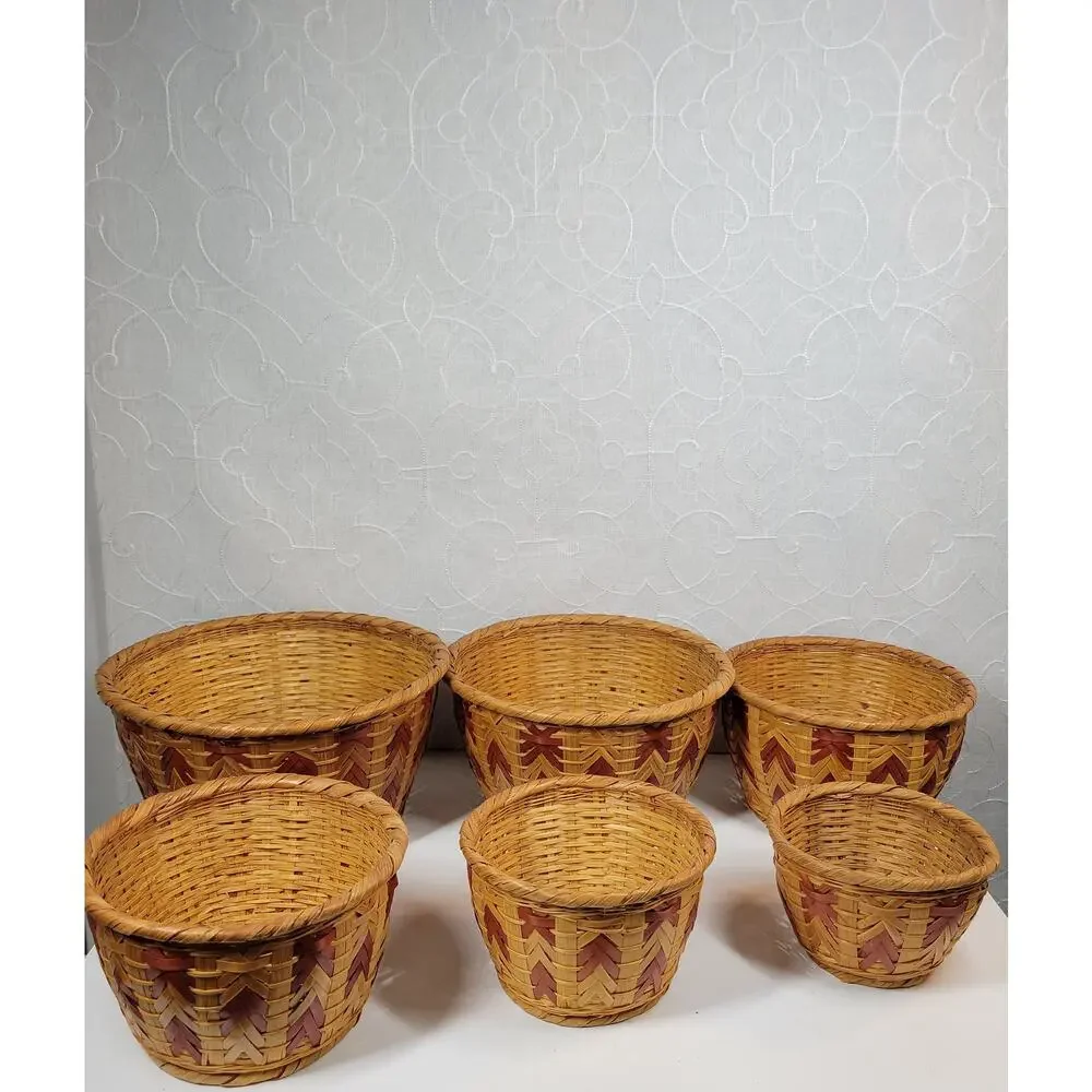 6 VTG Nesting Wicker Baskets Tan Brown Woven Chevron Boho Baskets Cottage Core
